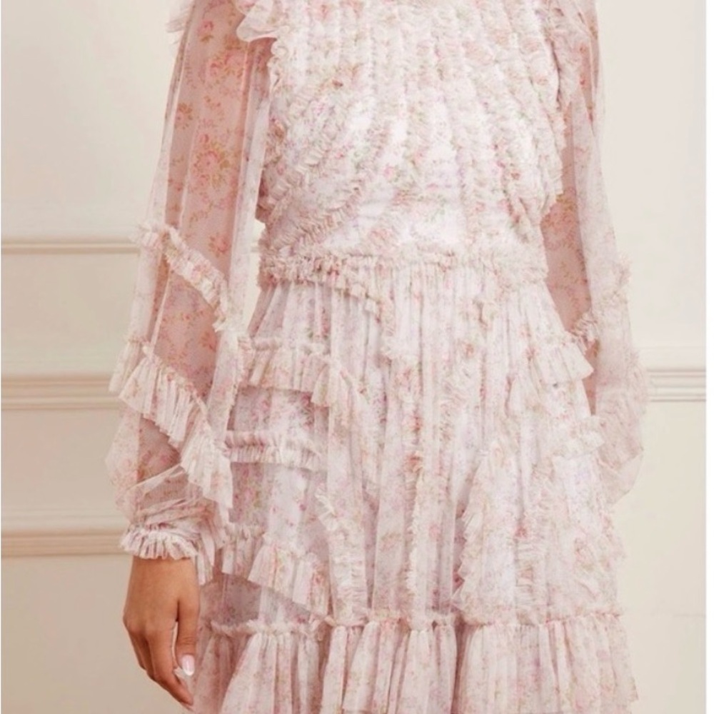 Needle & Thread Pink Floral Ruffled Mini Dress